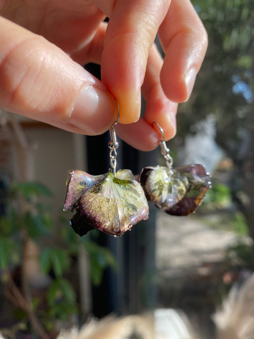 Boucle argent fleurs Hortensia pourpres