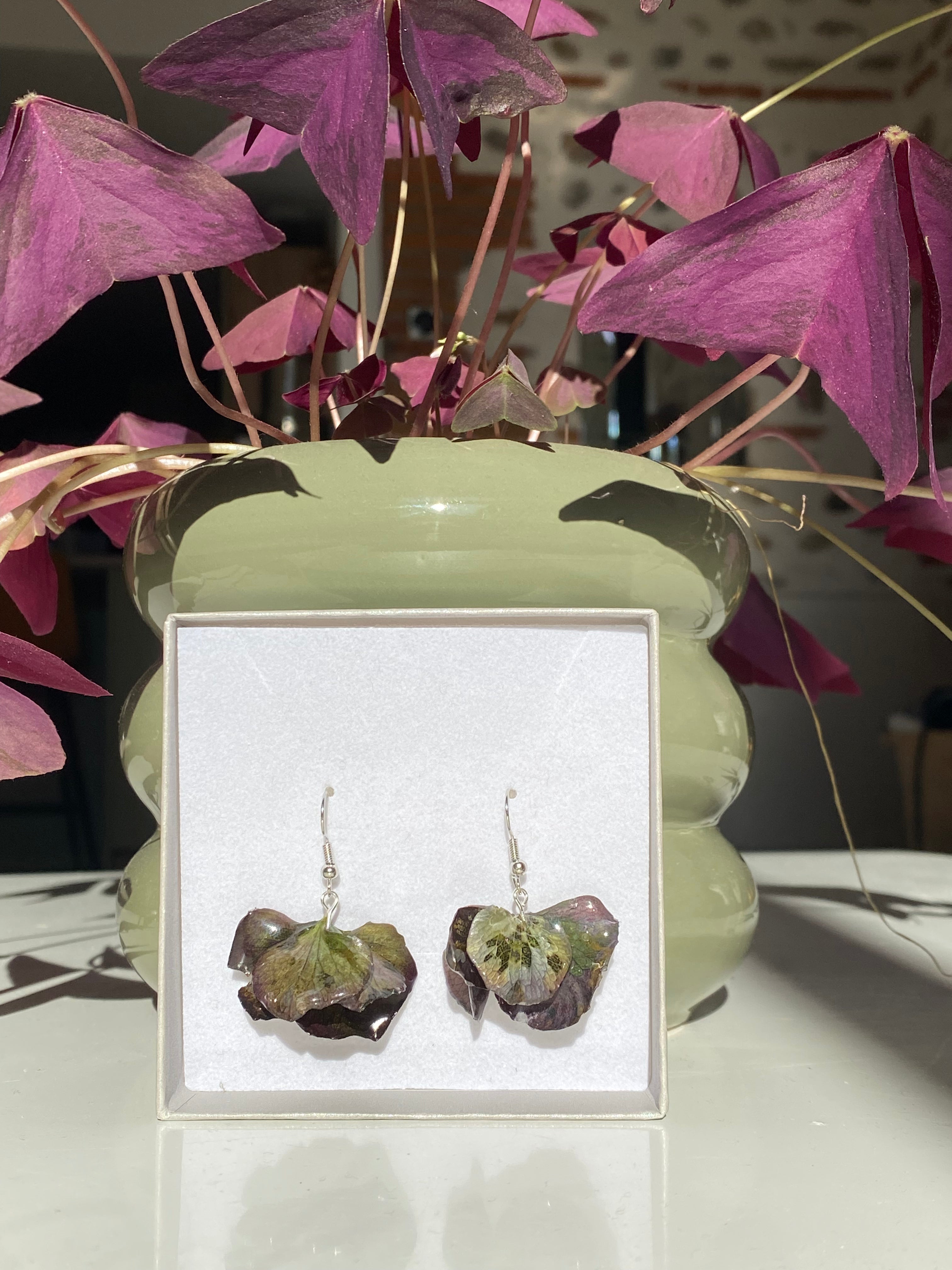 Boucle argent fleurs Hortensia pourpres