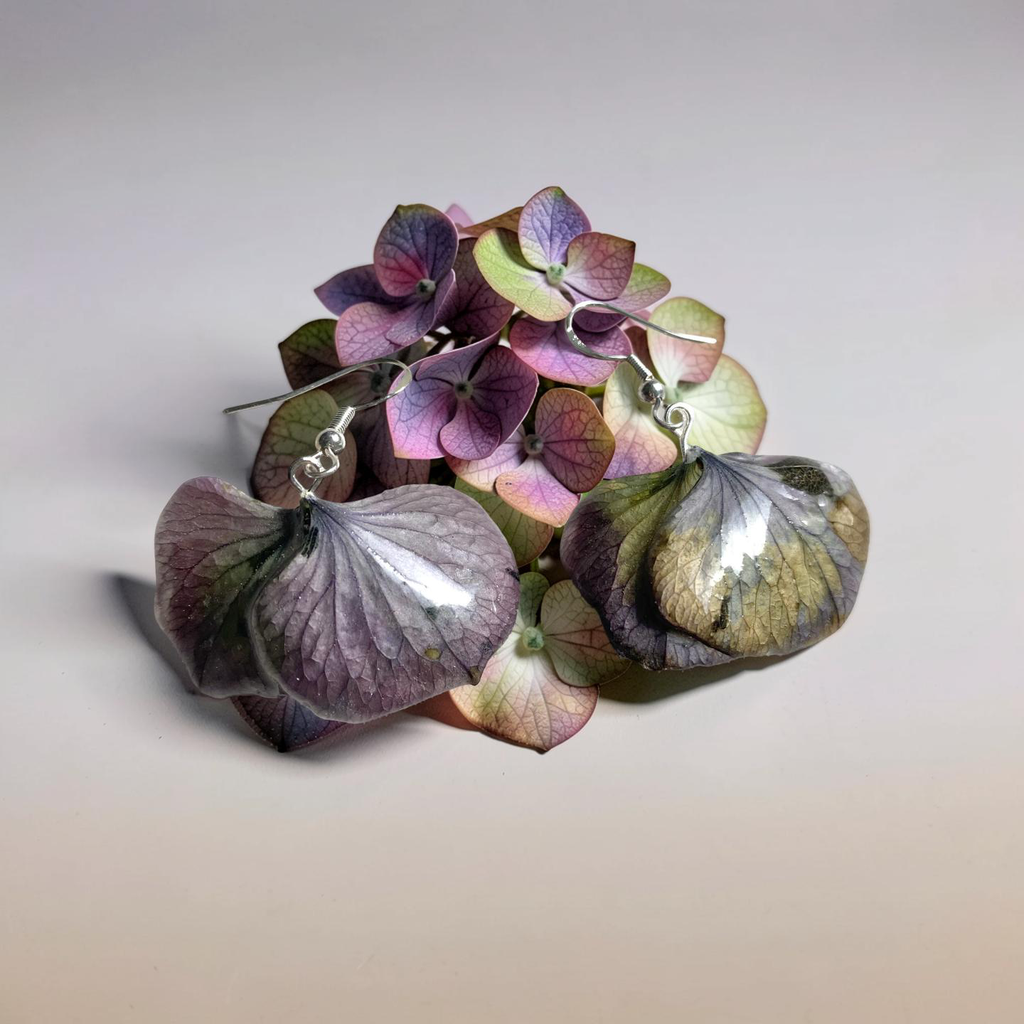 Boucle fleurs Hortensia mauve - argent