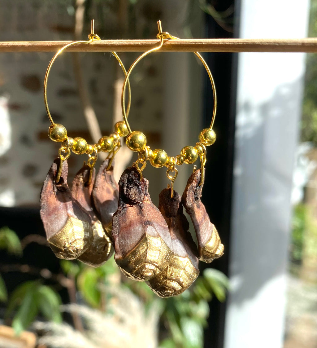 Créoles écailles pomme de pin dorées et perles