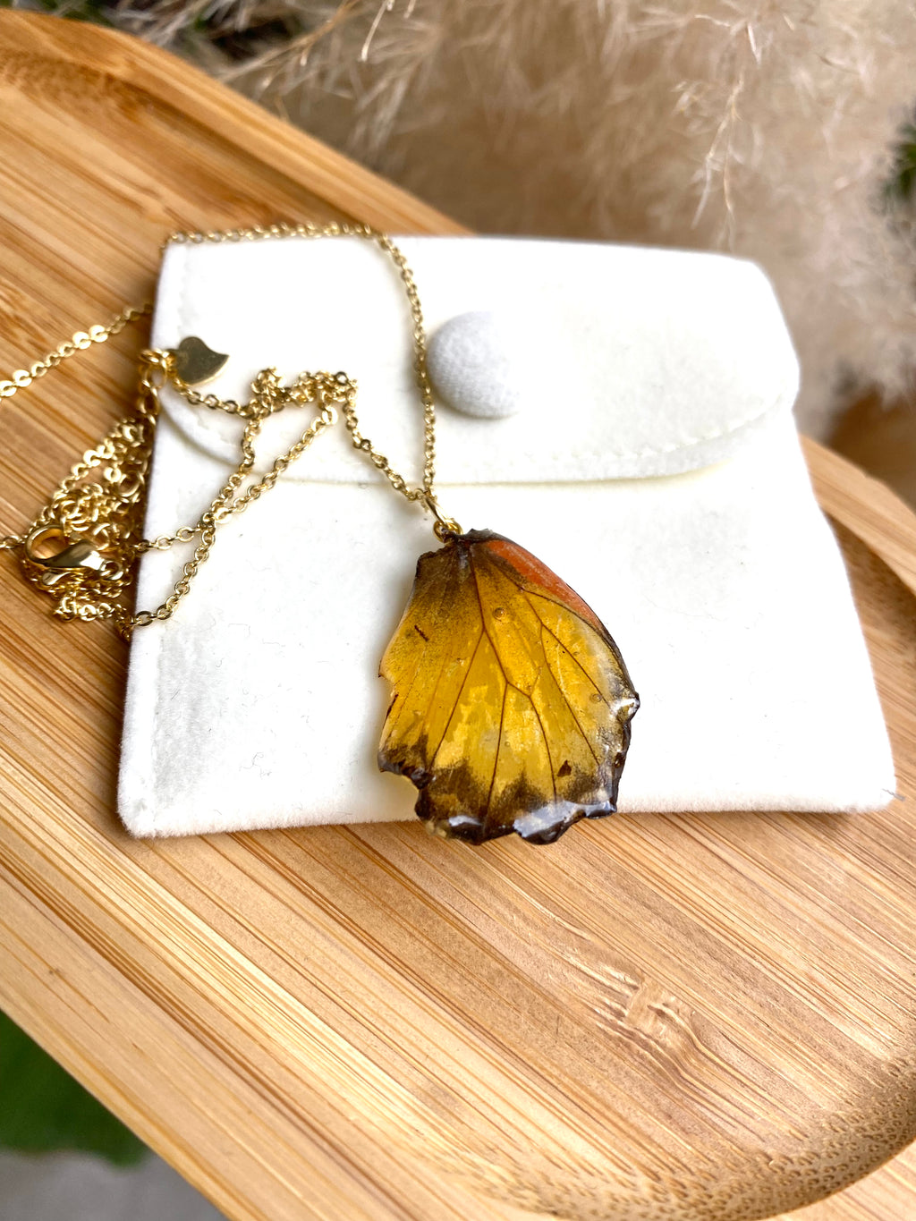 Chaine et Pendentif papillon véritable jaune-orangé